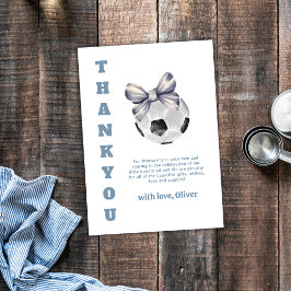 Tarjeta De Agradecimiento Navy Blue Modern Bow Soccer Sport Boy Baby Shower