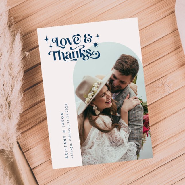 Tarjeta De Agradecimiento Navy Blue Retro Love & Gracias Boda de Arco Blanco (Subido por el creador)