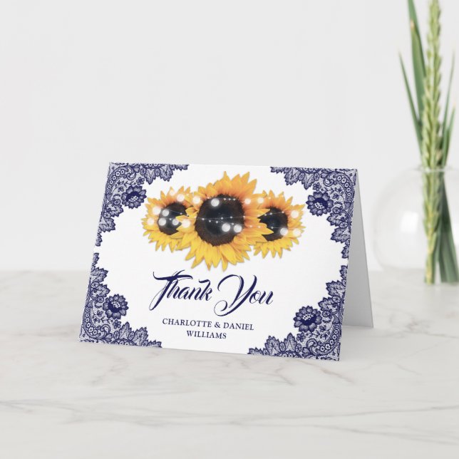 Tarjeta De Agradecimiento Navy Blue Rustic Floral Lace Sunflower Wedding (Anverso)