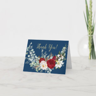 Tarjeta De Agradecimiento Navy Blue Scarlet Peony Floral Bouquet