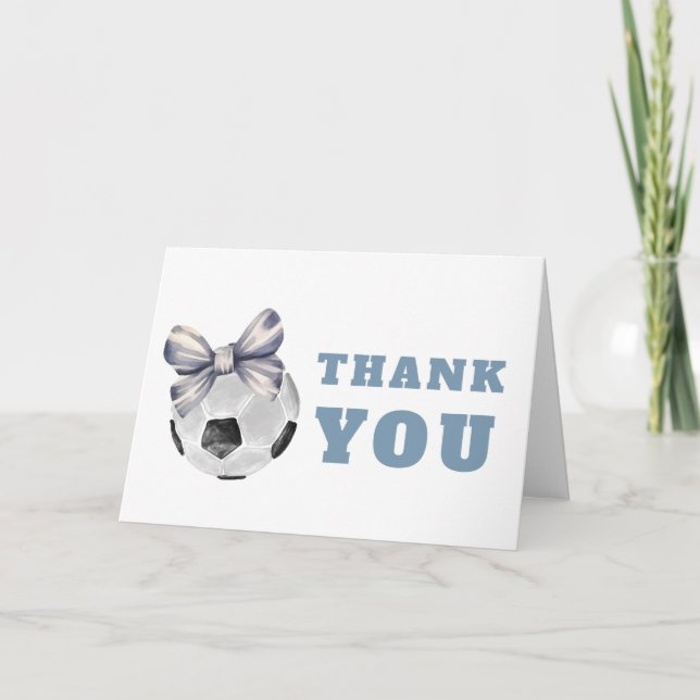 Tarjeta De Agradecimiento Navy Blue Typography Bow Soccer Boy Baby Shower (Anverso)