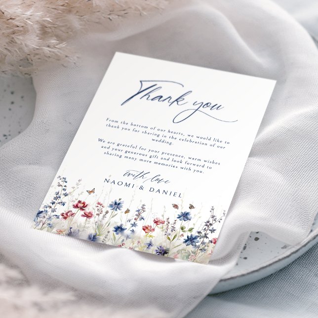 Tarjeta De Agradecimiento Navy Blue Watercolor Wildflower Field Wedding (Navy Blue Watercolor Wildflower Field Wedding Thank You Card)
