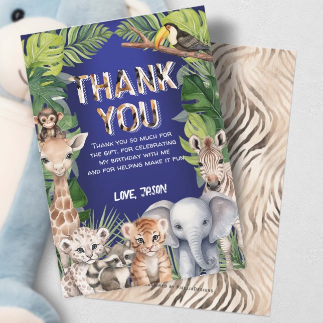 Tarjeta De Agradecimiento Navy Blue Wild One Jungle Animals 1er cumpleaños (Subido por el creador)
