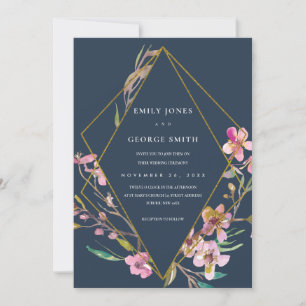 TARJETA DE AGRADECIMIENTO NAVY CHERRY BLOSSOM FLORAL FRAME WEDDING INVITE