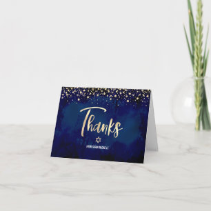 Tarjeta De Agradecimiento Navy de Bat Mitzvah Dorado Brillo Holográfico Escr