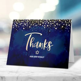 Tarjeta De Agradecimiento Navy de Bat Mitzvah Dorado Brillo Holográfico Escr