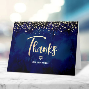Tarjeta De Agradecimiento Navy de Bat Mitzvah Dorado Brillo Holográfico Escr