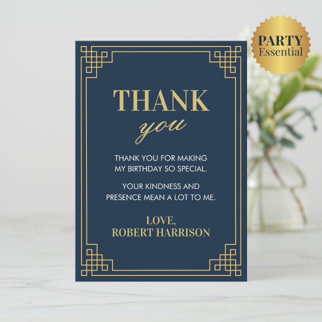 Tarjeta De Agradecimiento Navy Gold Art Deco 80th Birthday Thank You Card (Subido por el creador)