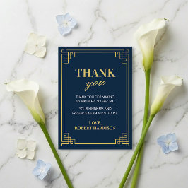 Tarjeta De Agradecimiento Navy Gold Art Deco 80th Birthday Thank You Card