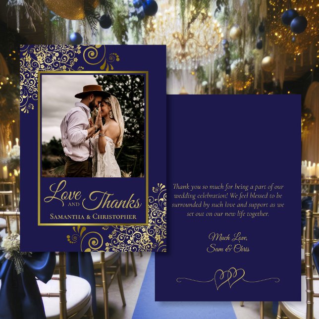 Tarjeta De Agradecimiento Navy & Gold Love & Gracias Photo & Note Boda (Front/Back)