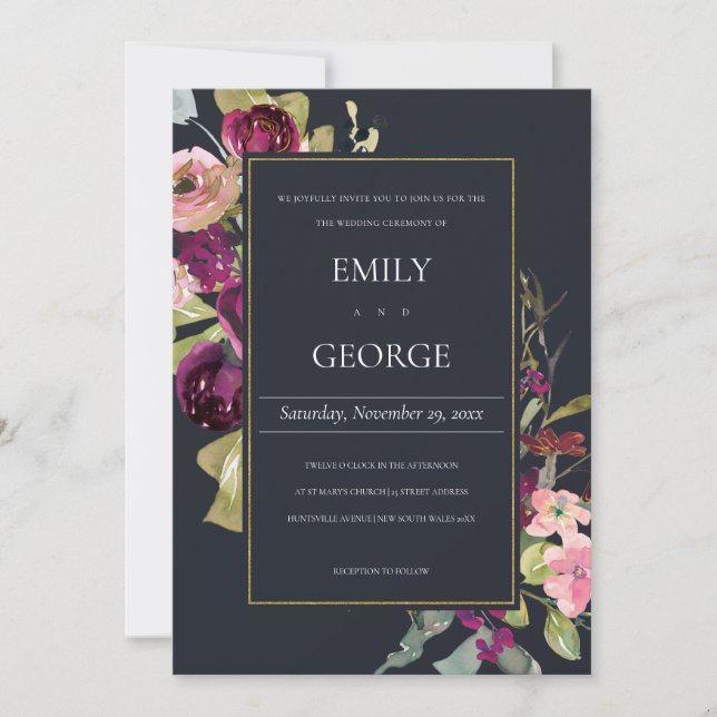 TARJETA DE AGRADECIMIENTO NAVY GOLD PINK BURGUNDY ROSA FLORAL WEDDING INVITE (Anverso)
