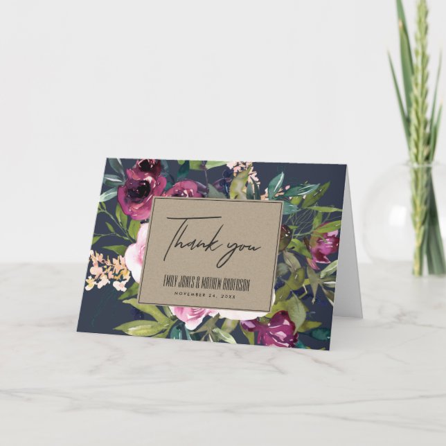 TARJETA DE AGRADECIMIENTO NAVY KRAFT RUBOR BURGUNDY FLORAL BUNCH BODA (Anverso)
