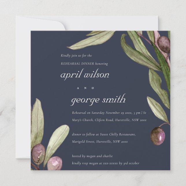 TARJETA DE AGRADECIMIENTO NAVY RETRO OLIVE FOLIAGE REHEARSAL CENA INVITE (Anverso)