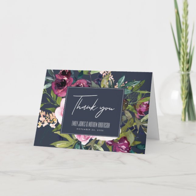 TARJETA DE AGRADECIMIENTO NAVY RUBOR BURGUNDY GREEN FLORAL BUNCH BODA (Anverso)