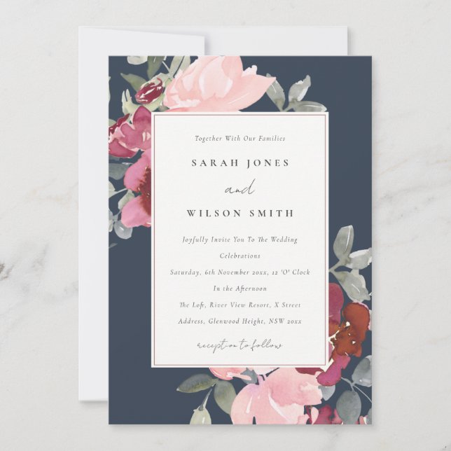 TARJETA DE AGRADECIMIENTO NAVY RUBOR BURGUNDY ROSA FLORAL WEDDING INVITE (Anverso)