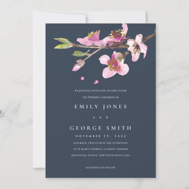 TARJETA DE AGRADECIMIENTO NAVY RUBOR CHERRY BLOSSOM FLORAL WEDDING INVITE (Anverso)