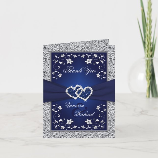 Tarjeta de agradecimiento Navy Silver Floral Heart (Anverso)