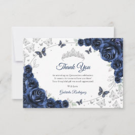 Tarjeta De Agradecimiento Navy Silver Floral Quinceanera