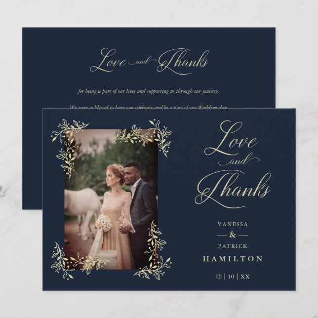 Tarjeta De Agradecimiento Navy Sophisticated Flourish Photo Wedding Love and (Anverso / Reverso)