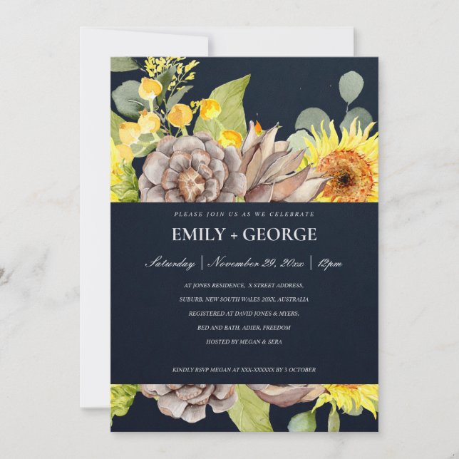TARJETA DE AGRADECIMIENTO NAVY SUNFLOWER EUCALYPTUS PINE FLORA COUPLE INVITE (Anverso)