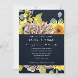 TARJETA DE AGRADECIMIENTO NAVY SUNFLOWER EUCALYPTUS PINE FLORA COUPLE INVITE