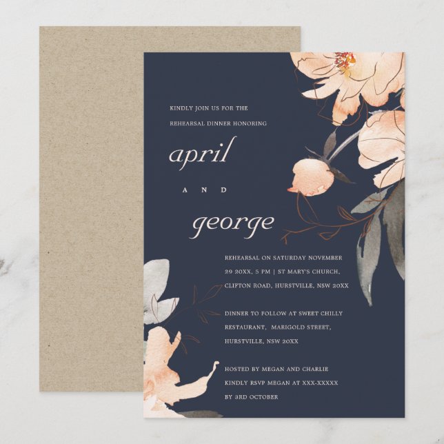 TARJETA DE AGRADECIMIENTO NAVY TERRACOTTA RED FLORAL REHEARSAL CENA INVITE (Anverso / Reverso)