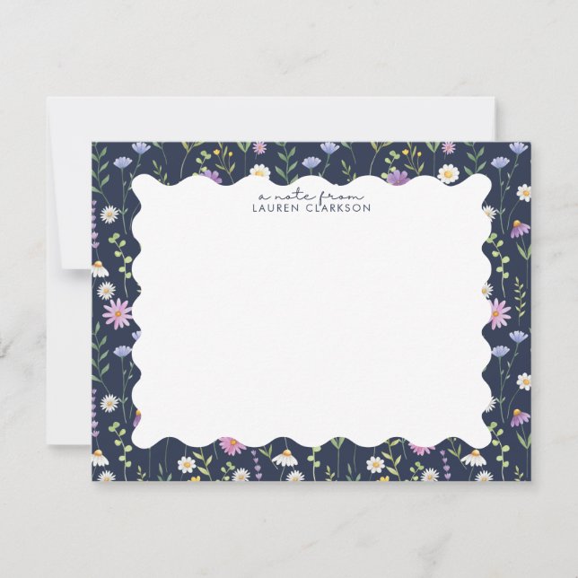 Tarjeta De Agradecimiento Navy Wildflower Wavy Frame Note Card (Anverso)