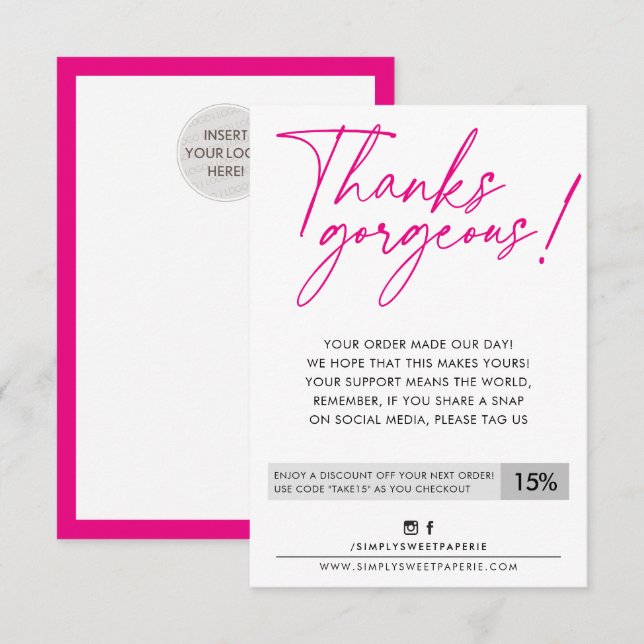 Tarjeta De Agradecimiento NEGOCIO DESCUENTO bolígrafo moderno bolígrafo rosa (Anverso / Reverso)