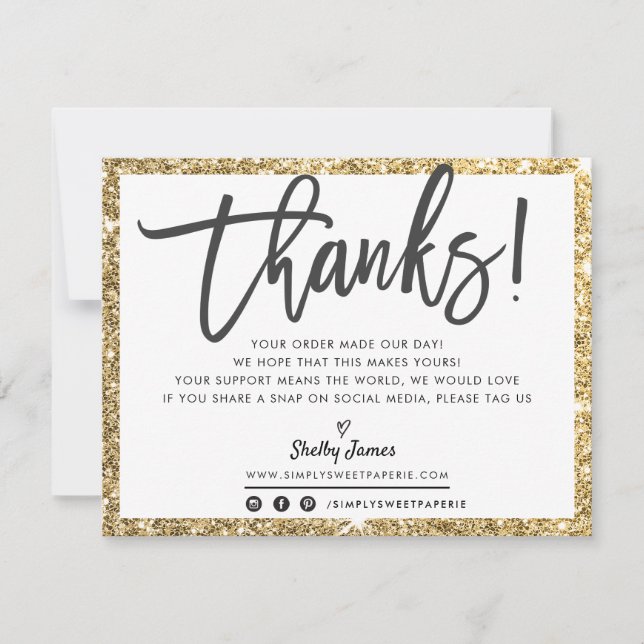 Tarjeta De Agradecimiento NEGOCIO GRACIAS moda moderna purpurina oro negro (Anverso)