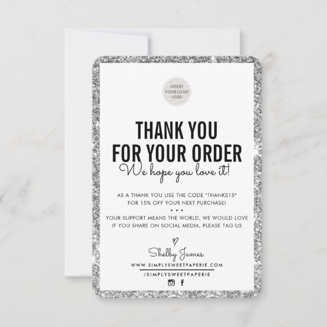 Tarjeta De Agradecimiento NEGOCIO GRACIAS pedido insertar purpurina plateado (Anverso)