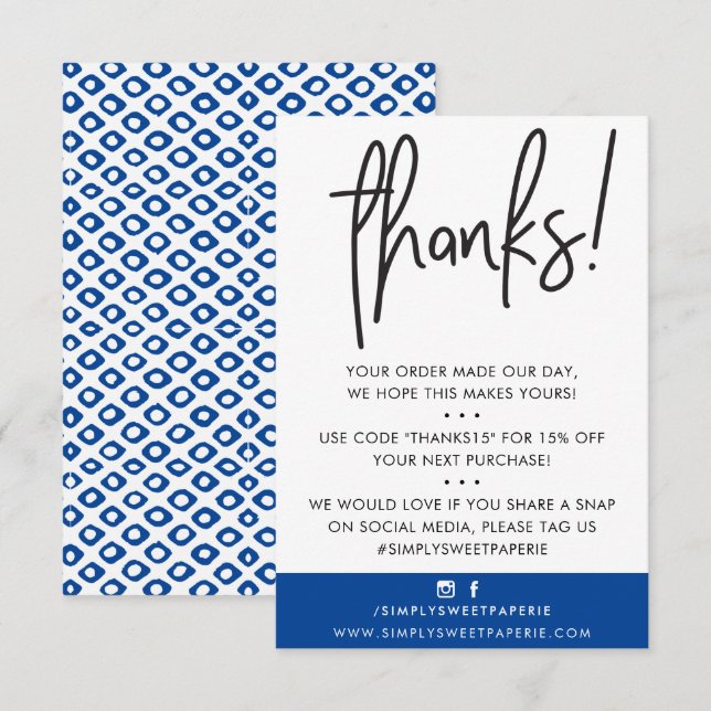 Tarjeta De Agradecimiento NEGOCIOS GRACIAS AL cliente moderno real azul ikat (Anverso / Reverso)