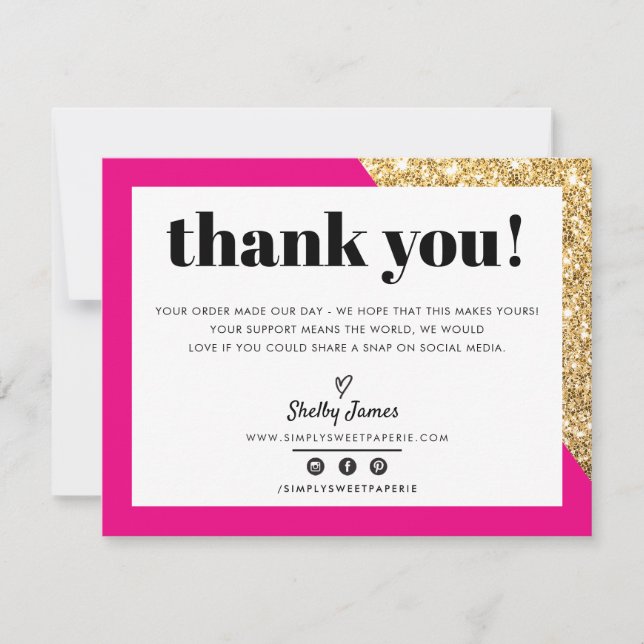 Tarjeta De Agradecimiento NEGOCIOS GRACIAS moda glam oro brillante LOGO rosa (Anverso)