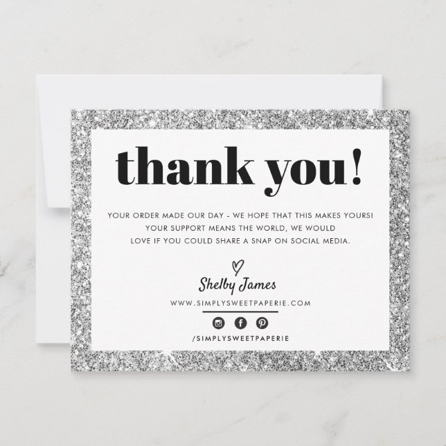 Tarjeta De Agradecimiento NEGOCIOS GRACIAS moda glam purpurina LOGO (Anverso)
