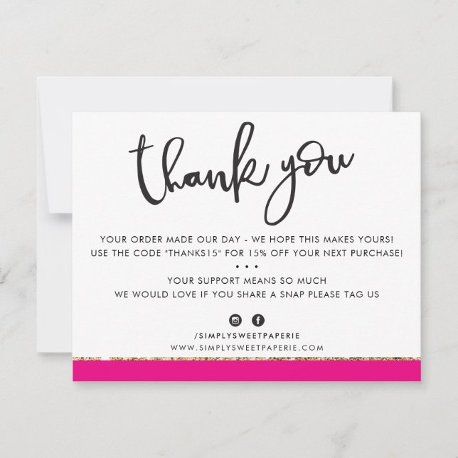 Tarjeta De Agradecimiento NEGOCIOS GRACIAS purpurina de oro rosa elegante (Anverso)