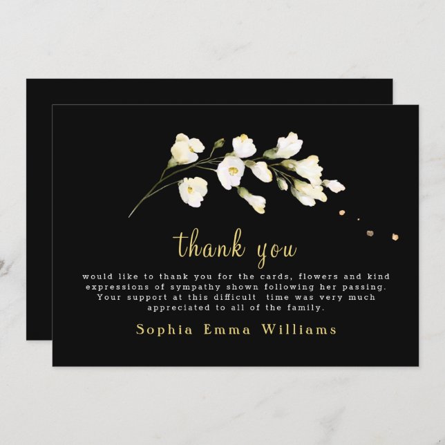 Tarjeta De Agradecimiento Negro con flores blancas Floral (Anverso / Reverso)