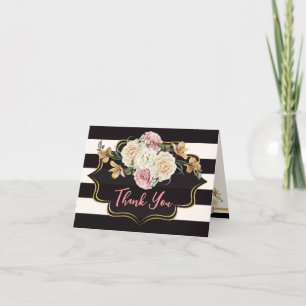 Tarjeta De Agradecimiento Negro en negrita, rayas de marfil, flores Gracias