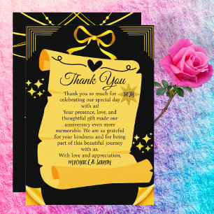 Tarjeta De Agradecimiento Negro y Dorado Rollo Antiguo 50 Aniversario de Bod