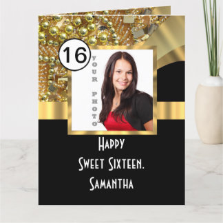 Tarjeta De Agradecimiento Negro y oro bling dulce dieciséis