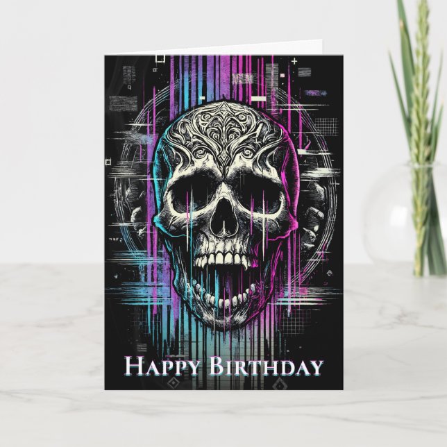 Tarjeta De Agradecimiento Neon Digital Decay Gothic Cyber Skull (Anverso)