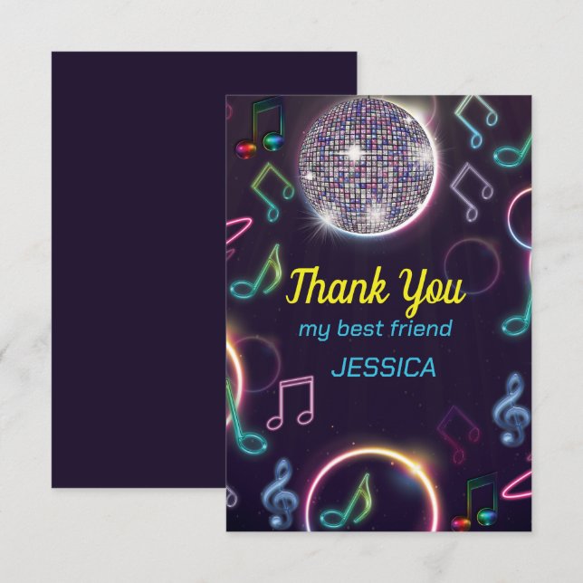 Tarjeta De Agradecimiento Neon Glow Disco Dance Birday Party (Anverso / Reverso)