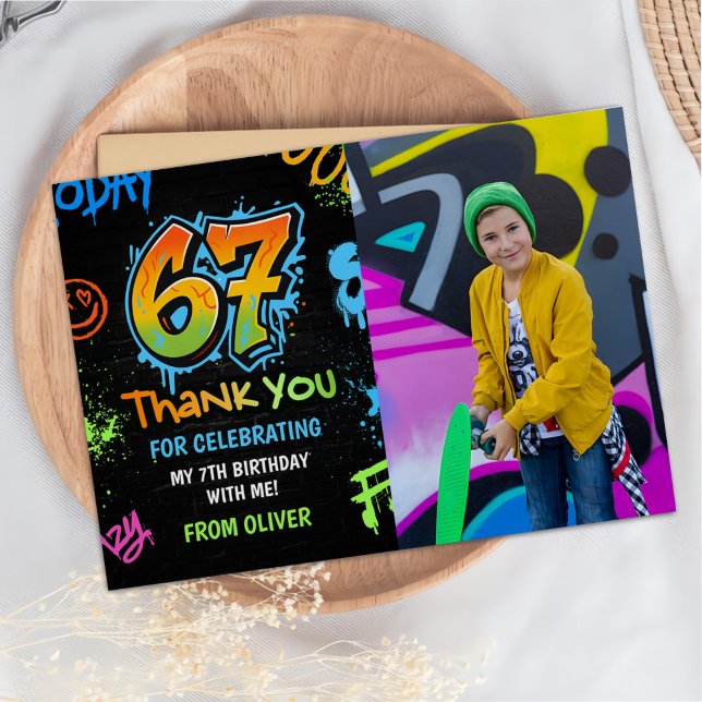 Tarjeta De Agradecimiento Neon Graffiti Six Seven Kids 7th Birthday Photo (Subido por el creador)