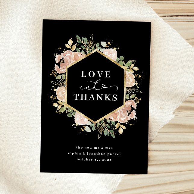 Tarjeta De Agradecimiento Neutral acuarela floral negro | Amor y agradecimie (An elegant wedding thank you card in dark black with faux gold accents and your photo on the back)