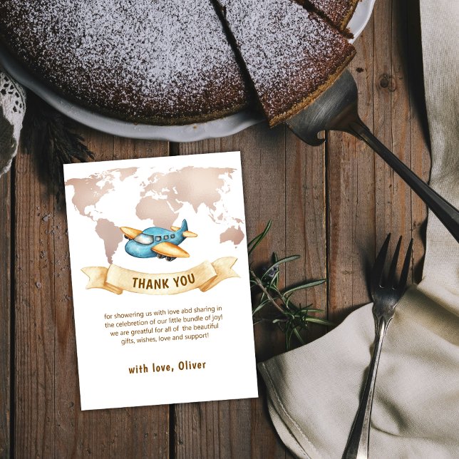 Tarjeta De Agradecimiento Neutral Adventure World Map Airplane Baby Shower  (Neutral Adventure World Map Airplane Baby Shower Thank You Card)