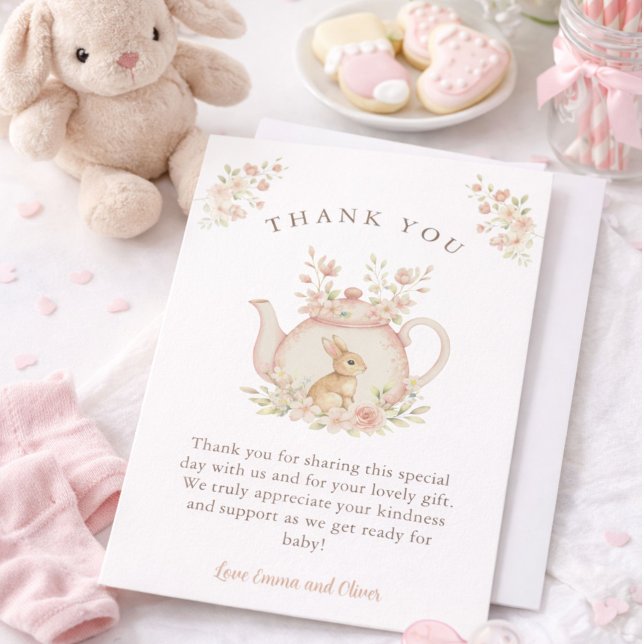 Tarjeta De Agradecimiento Neutral Bunny & Floral Teapot Baby Shower  (Subido por el creador)