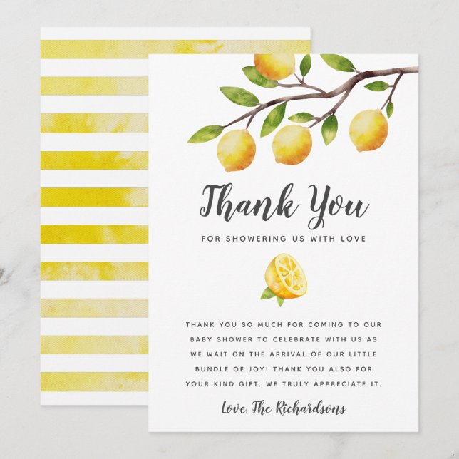 Tarjeta De Agradecimiento Neutral de género de Lemon Baby Shower (Anverso / Reverso)