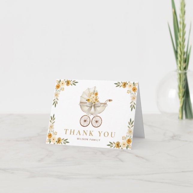 Tarjeta De Agradecimiento Neutral Floral Carriage Baby Shower Thank You (Anverso)