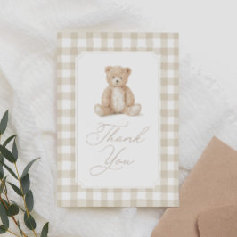 Tarjeta De Agradecimiento Neutral Gingham Teddy Bear Baby Shower