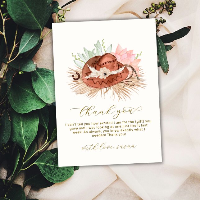 Tarjeta De Agradecimiento Neutral moderno Boho Cactus Cowboy Gorra Baby Show (Neutral Modern Boho Cactus Cowboy Hat Baby Shower Thank You Card)