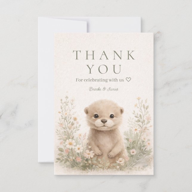 Tarjeta De Agradecimiento Neutral Watercolor Woodland Otter Baby Shower (Anverso)