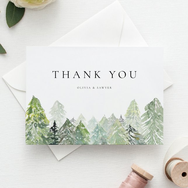 Tarjeta De Agradecimiento Nevada acuarela Evergreen Forest Winter Wedding (Wedding thank you card featuring a snowy watercolor pine forest, perfect for rustic winter events.)